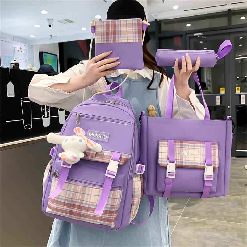 4pcs Elementary School Ultra Light Checkered BackpackWomen's Four Piece Oxford Wear-resistant SetHigh Capacity Backpacks for Middle School Students