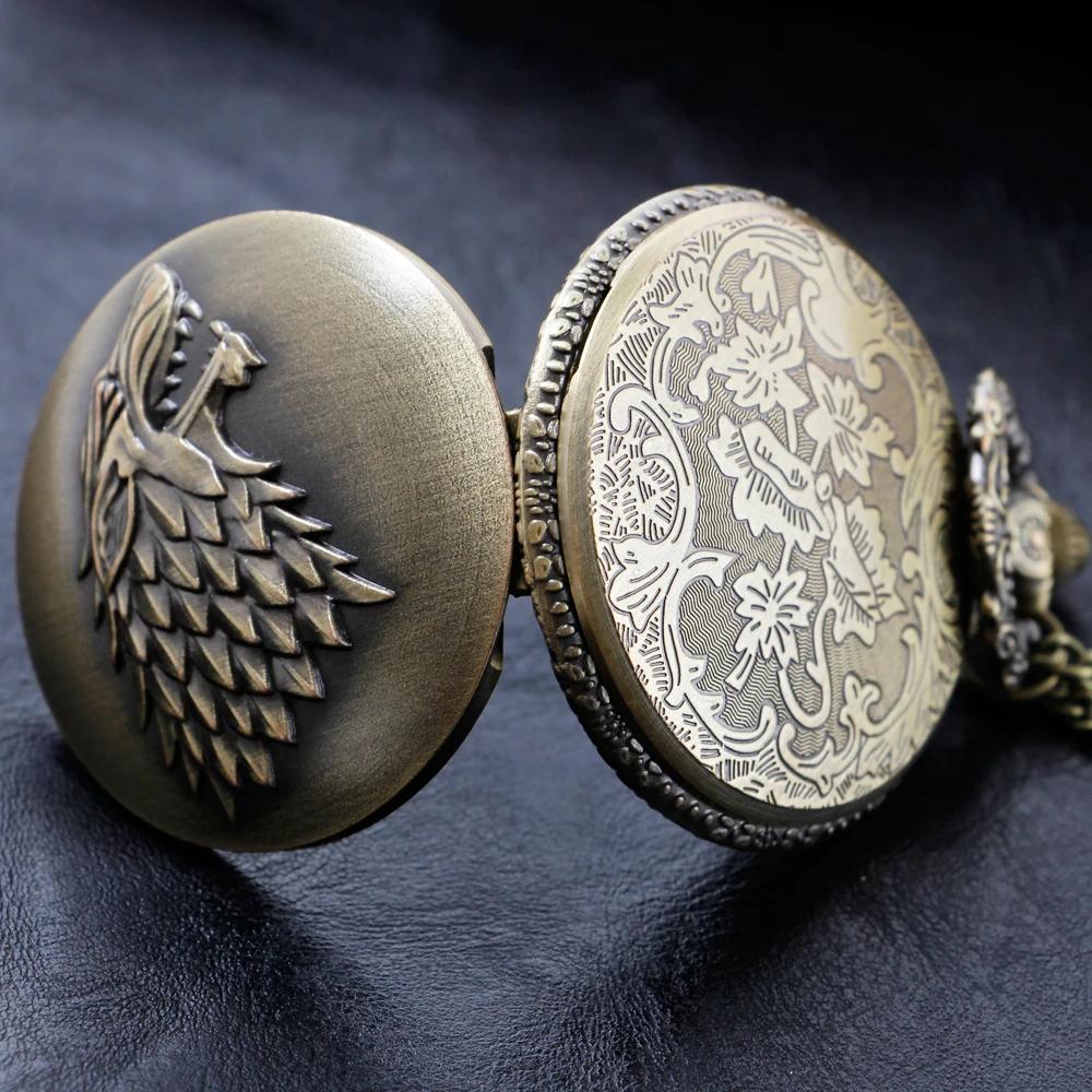 Vintage Wolf Head Pattern Black Quartz Pocket Watch Arabic Digital Dial Unisex Necklace Pendant Jewelry Men's and Women's Gift