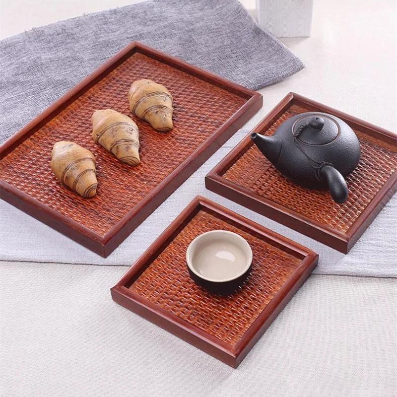 Rattan Wooden Serving Tray Storage Handle Rectangle Handmade Breakfast Tea Food Plate Dish Dinner Decorative Fruit Kitchenware