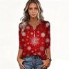 Women's Fashion Casual Christmas Print V-Neck Button Three-Quarter Sleeve T-Shirt Top