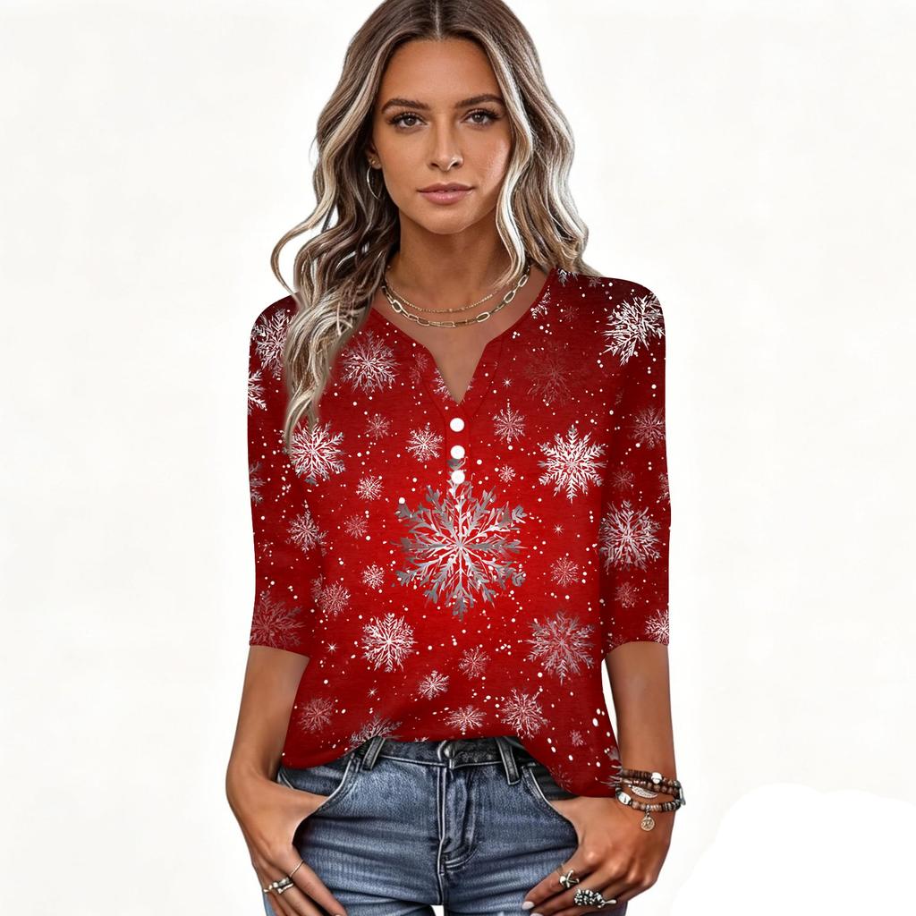 Women's Fashion Casual Christmas Print V-Neck Button Three-Quarter Sleeve T-Shirt Top
