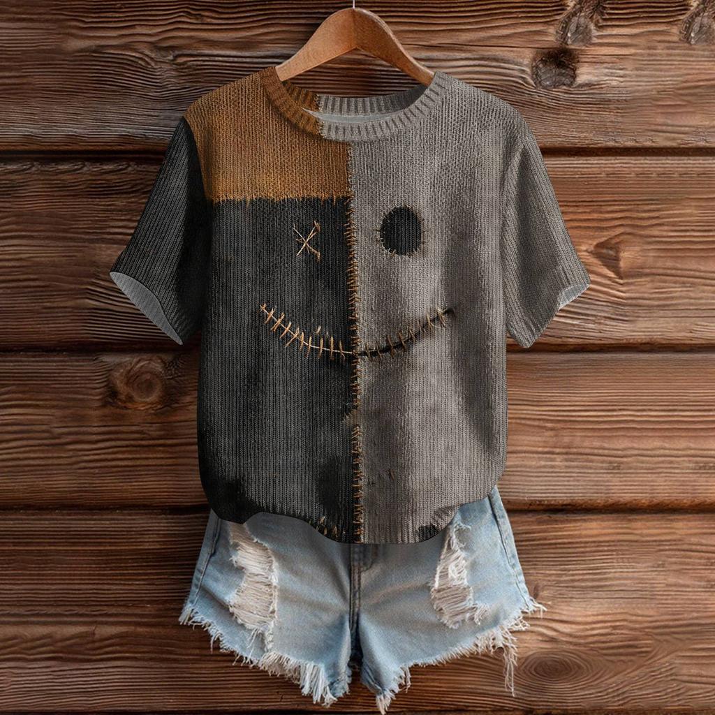 Women's Cute Sweater Knitted Fashion Casual Round-neck Short-sleeved  Cozy Print Top