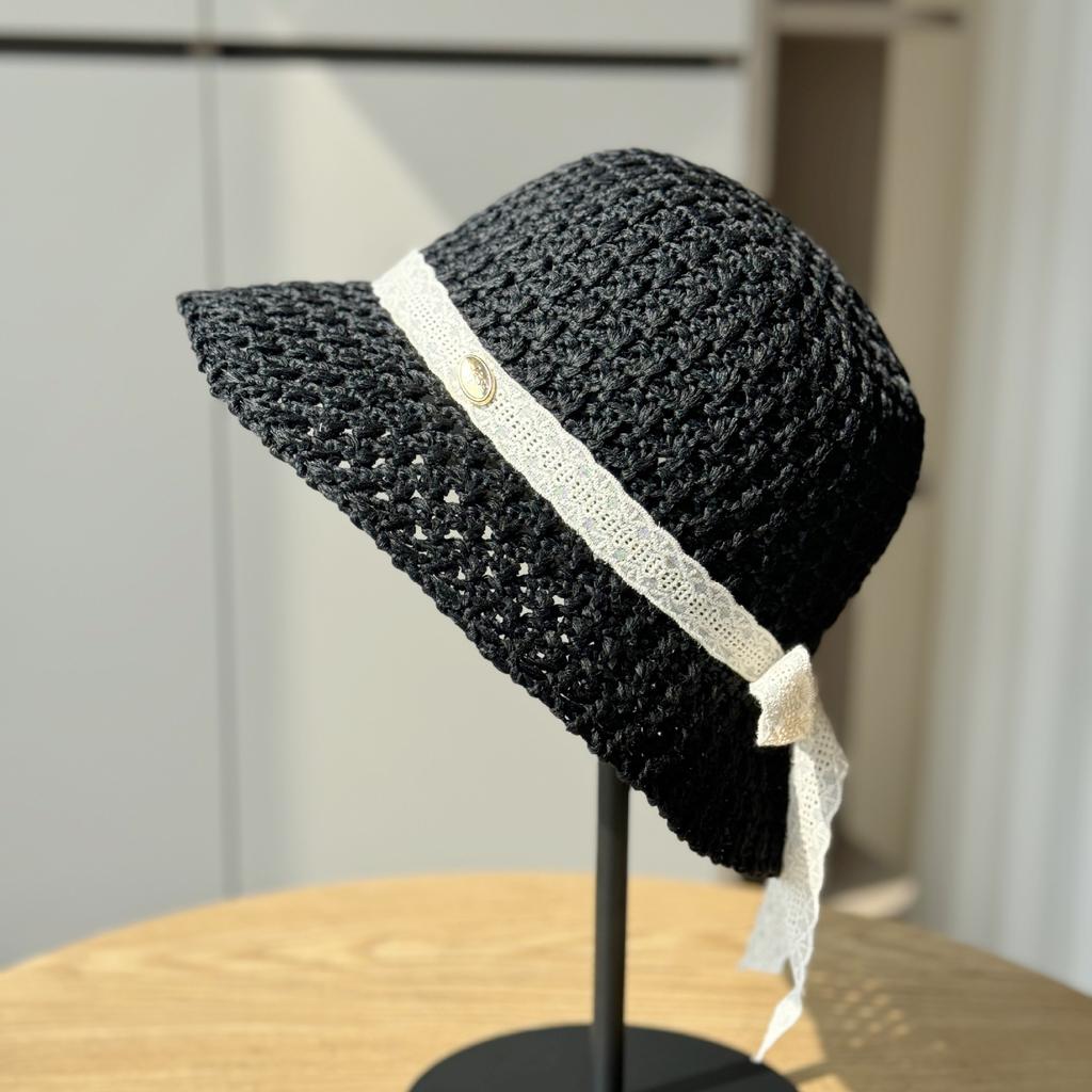 New Bucket Hat Large Brim Women's Beach Hollow Knitted Hat Women's Sun Hat Foldable