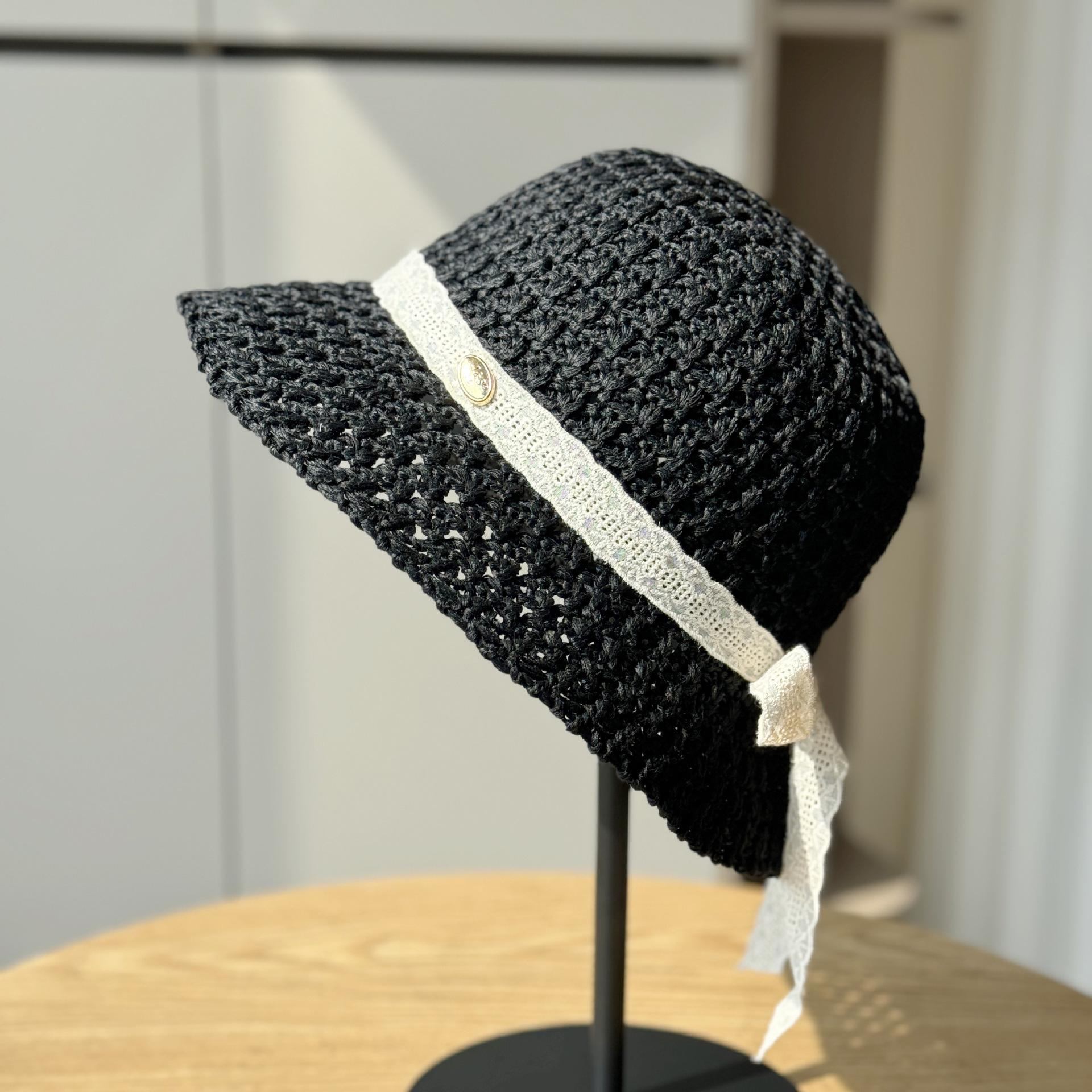 

New Korean-style trendy fisherman hat with large brim, women s beach hollow-out knitted hat, women s sunshade hat, foldable and trendy Adult54-60Adjustable чёрный