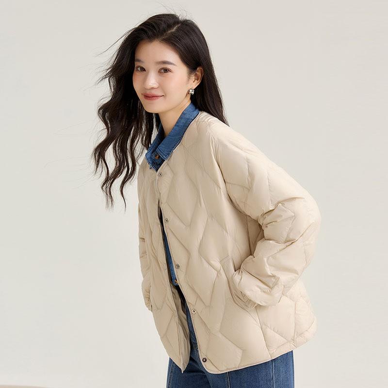 Womens Short Puffer Jacket With Quilted Round Neck White Duck Down Fill Warm Winter Outerwear Daily Wear
