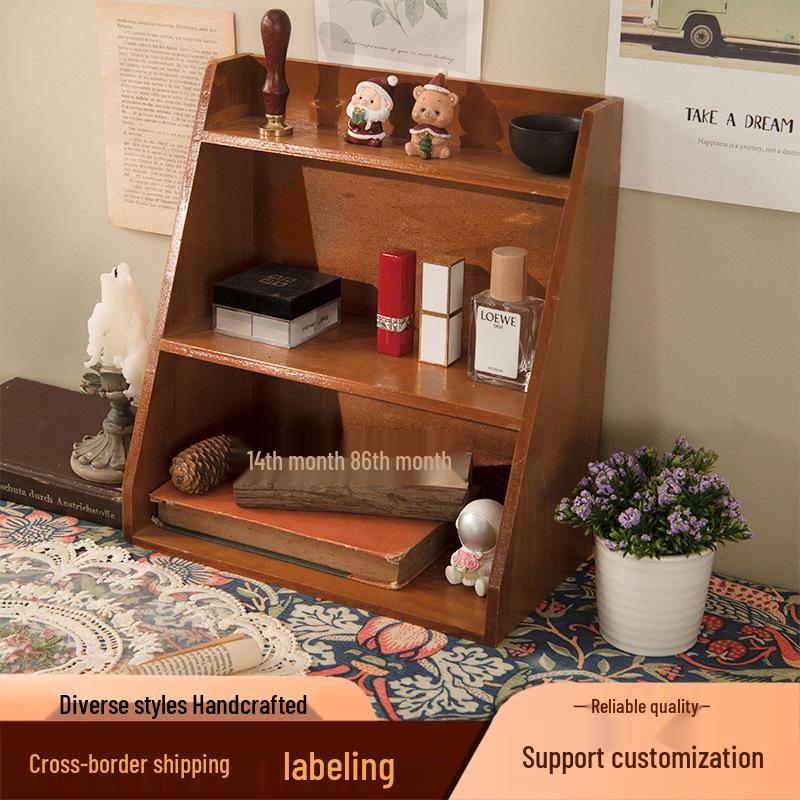 Desktop Retro Wooden Storage & Organization Rack for Journals, Ornaments, Coffee Cups, and Perfume.
