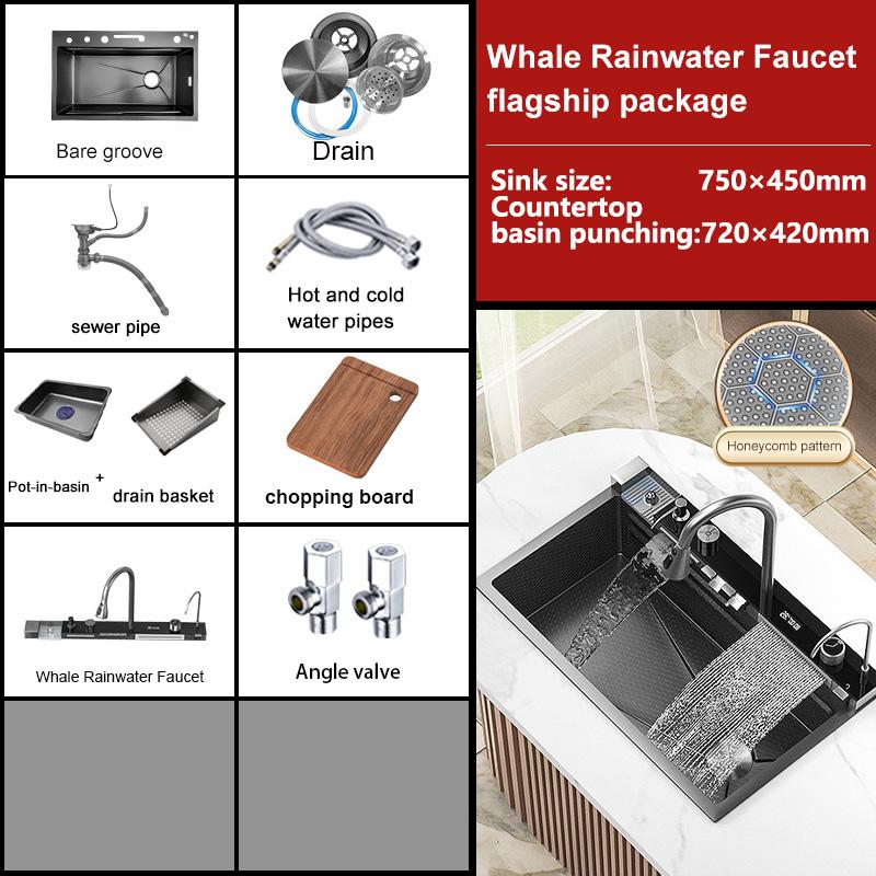 Edelstahl-Wasserfall-Küchenspüle, großes Einzelfach, integriertes Digitaldisplay, Wasserhahn-Set, multifunktionales Waschbecken