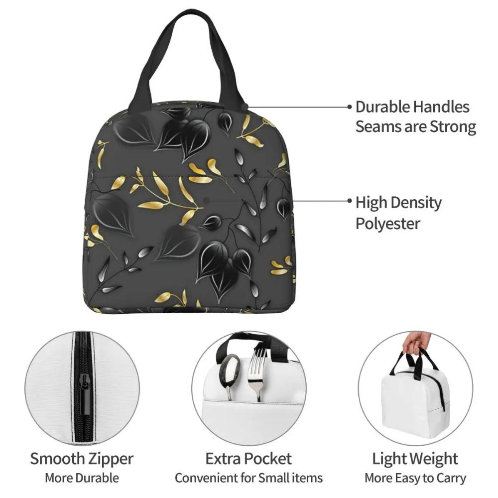 Black Golden Leaf Print Insulated Lunch Bag for Women Children Leakproof Food Boxes Thermal Lunch Box Tote