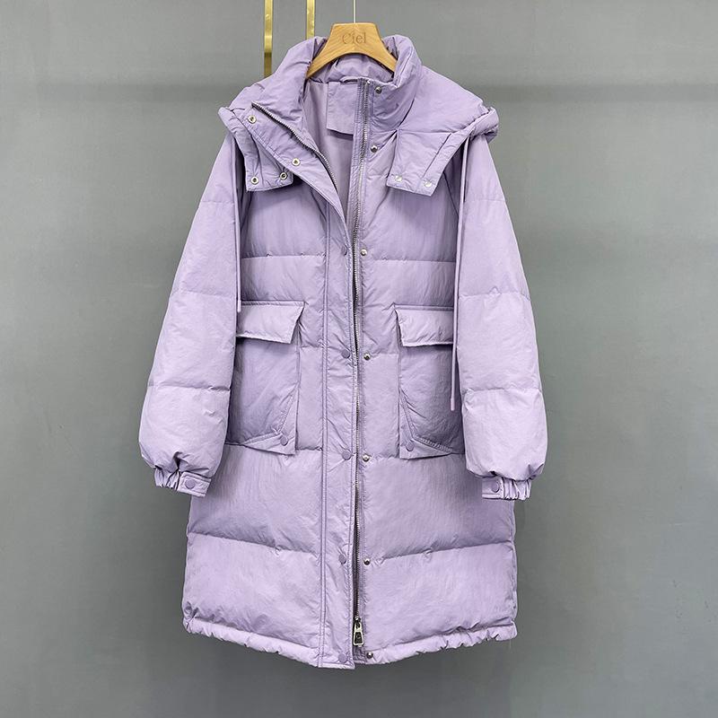 Women's Mid-Length Hooded White Duck Down Jacket - 2024 Winter Collection, Plus Size Available