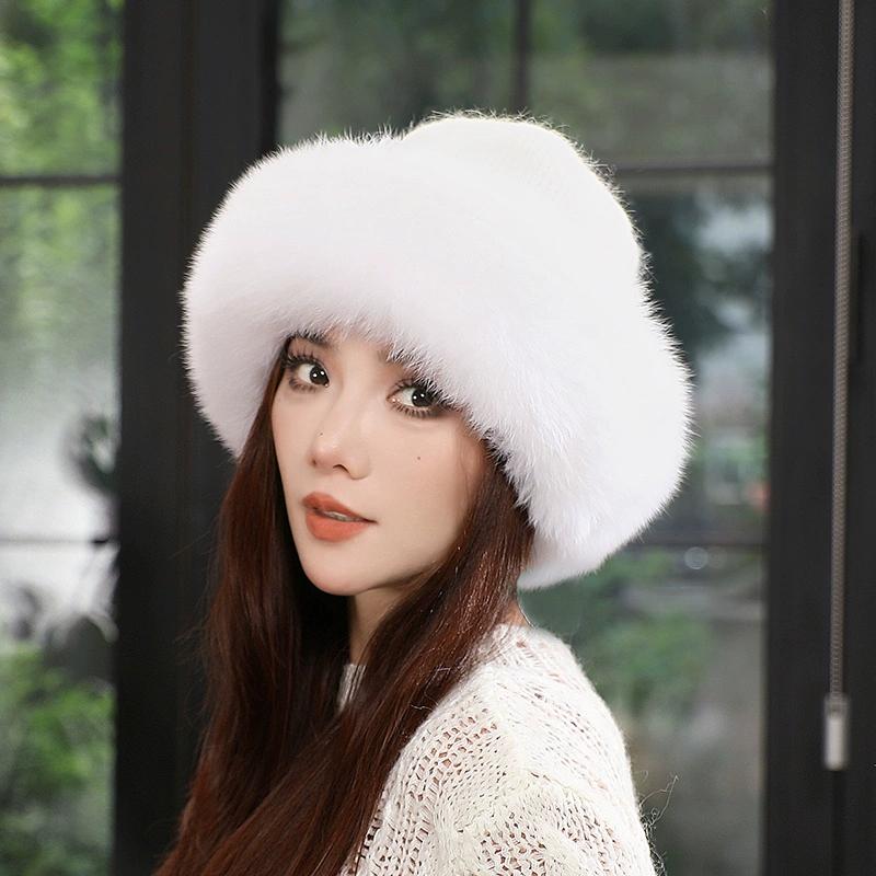 Nouă pălărie elegantă pentru femei, iarnă, caldă, pufoasă, cu oase, moale, în aer liber, groasă, pălărie din blană de vulpe, pălării cu dom pentru femei