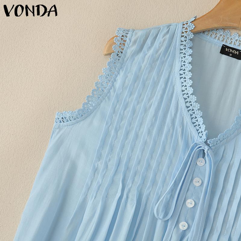 VONDA Women Summer V Neck Sleeveless Buttons Up Lace Crochet Hem Casual Tank Tops