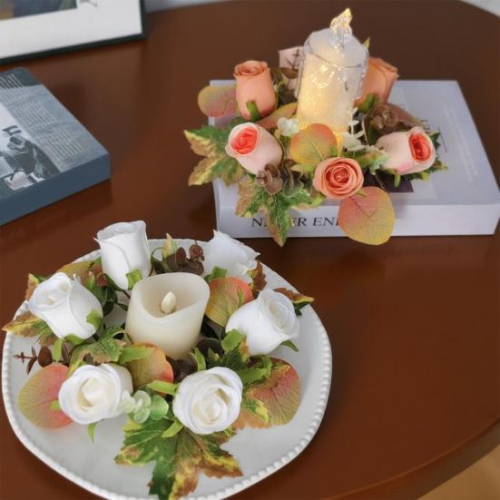 Artificial Rose Candle Ring Fake Rose Wreath with Maple Leaves Pillar Candle Wreath Table Centerpieces for Home Candlelight Dinner Wedding Party Decor