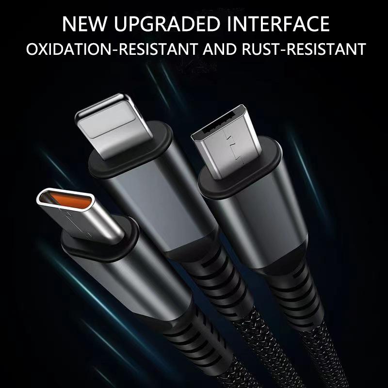 100W Super Fast Charging USB C Type 3 In 1 Data Cable With Light For IPhone Samsung Xiaomi Huawei Fast Charging Cords