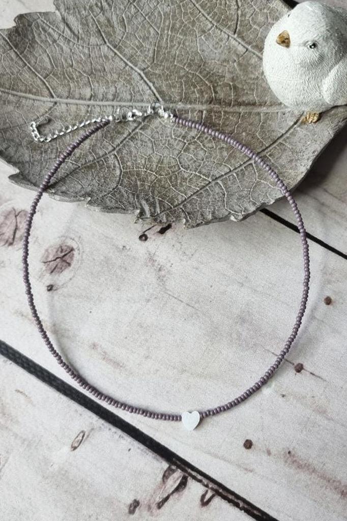Handmade Choker with Dark Purple Seed Beads and Natural Heart Shell Pendant