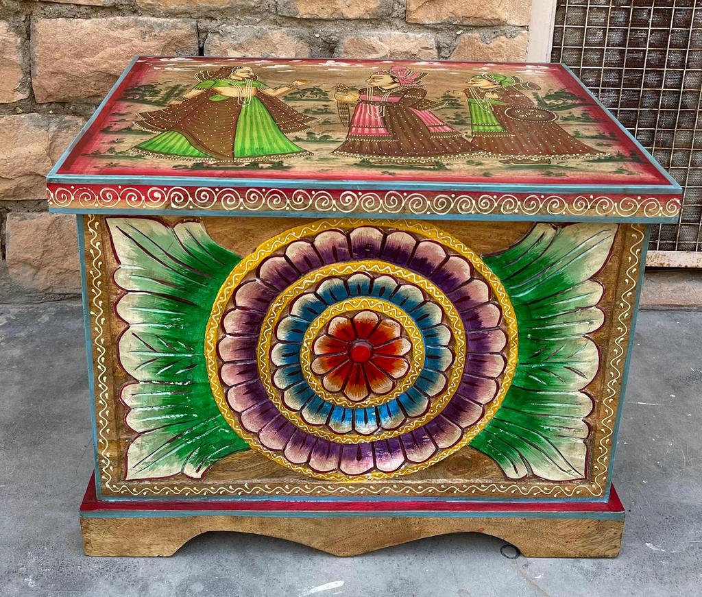 Wood Painted Carved Storage Box Coffee Table-Wood Central Chest with Floral Carved Trunk for Home Décor Organizing Artwork Home Furniture
