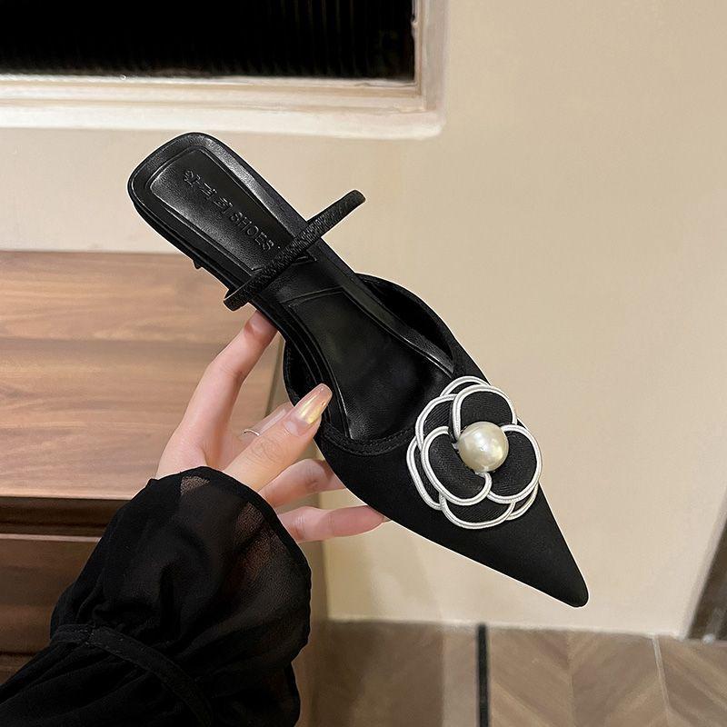 Baotou sandals women's summer 2025 new French pearl flowers pointed thin heels empty slippers are not tired of high heels