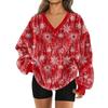Women's Fashionable V-neck Christmas Printed Long Sleeved Casual Pullover Plush Warm Pocket Sweatshirt Top