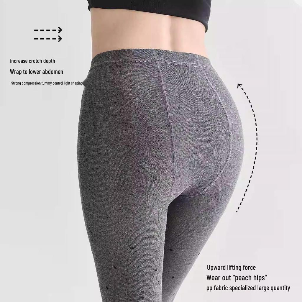 Women's Gray Polka Dot Fleece-Lined Leggings - Autumn/Winter Slimming Vertical Stripe Thickened Pantyhose