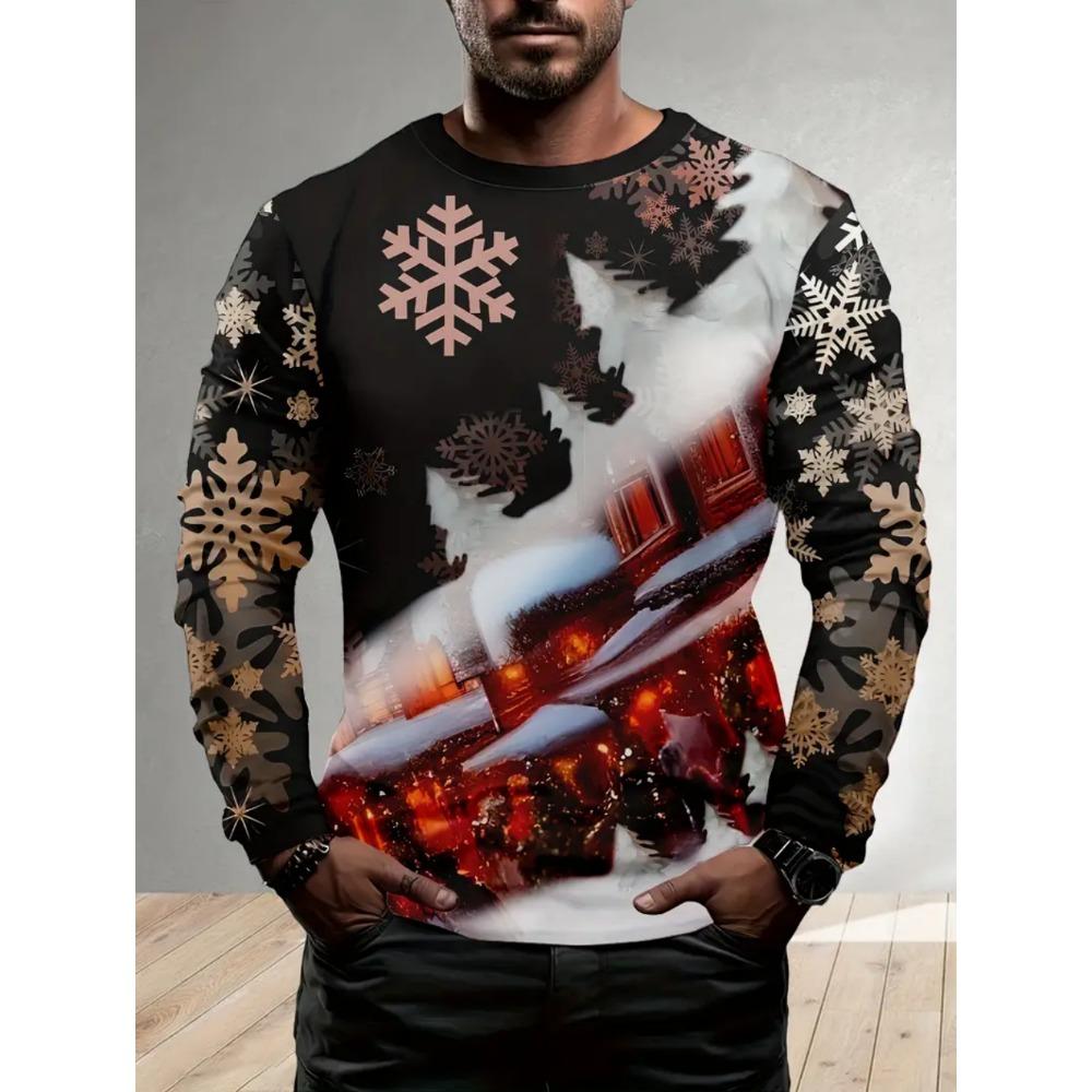 Merry Christmas Men's Long Sleeve T-Shirt, 3D Printed Santa Claus Pattern Casual Pullover, Fashionable Cool O-Neck Y2K Style Clothing