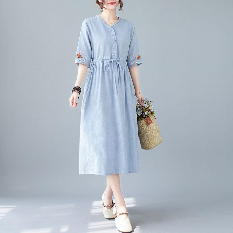 Summer New Fashion Vestidos Women Casual Elegant Cotton Ramie Embroidery Loose Plus Size Vintage Beach Midi Dress M-2XL