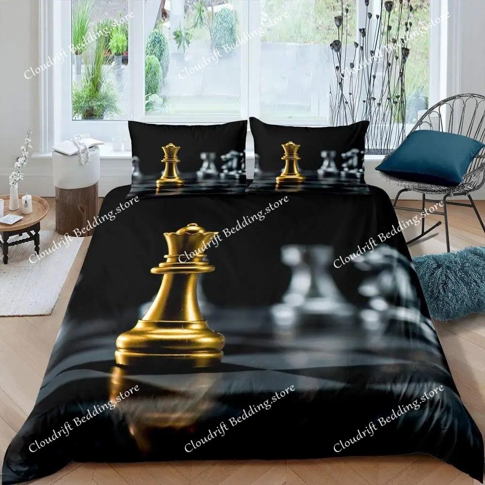 International Chess Duvet Cover Set Queen Size Chess Lovers Bedding Set for Boys Adults Microfiber Black Base Quilt Cover