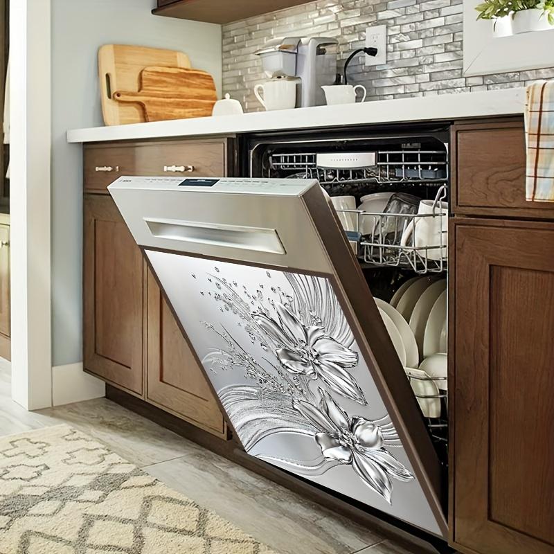 Vertical PVC Dishwasher Door Cover Sticker, Metal Silvery Embossed Flower Pattern Door Sticker, Waterproof And Stain-Resistant, Easy to Clean
