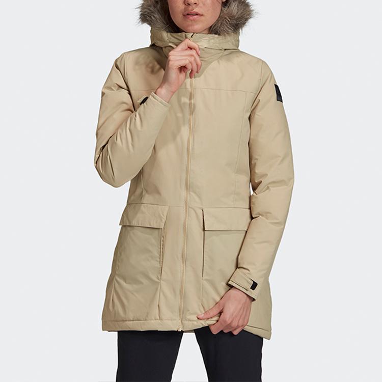 Adidas Xploric Teplý Jednobarevný Bavlněný Kabát Střední Délky Dámské Kabáty Khaki GE7790