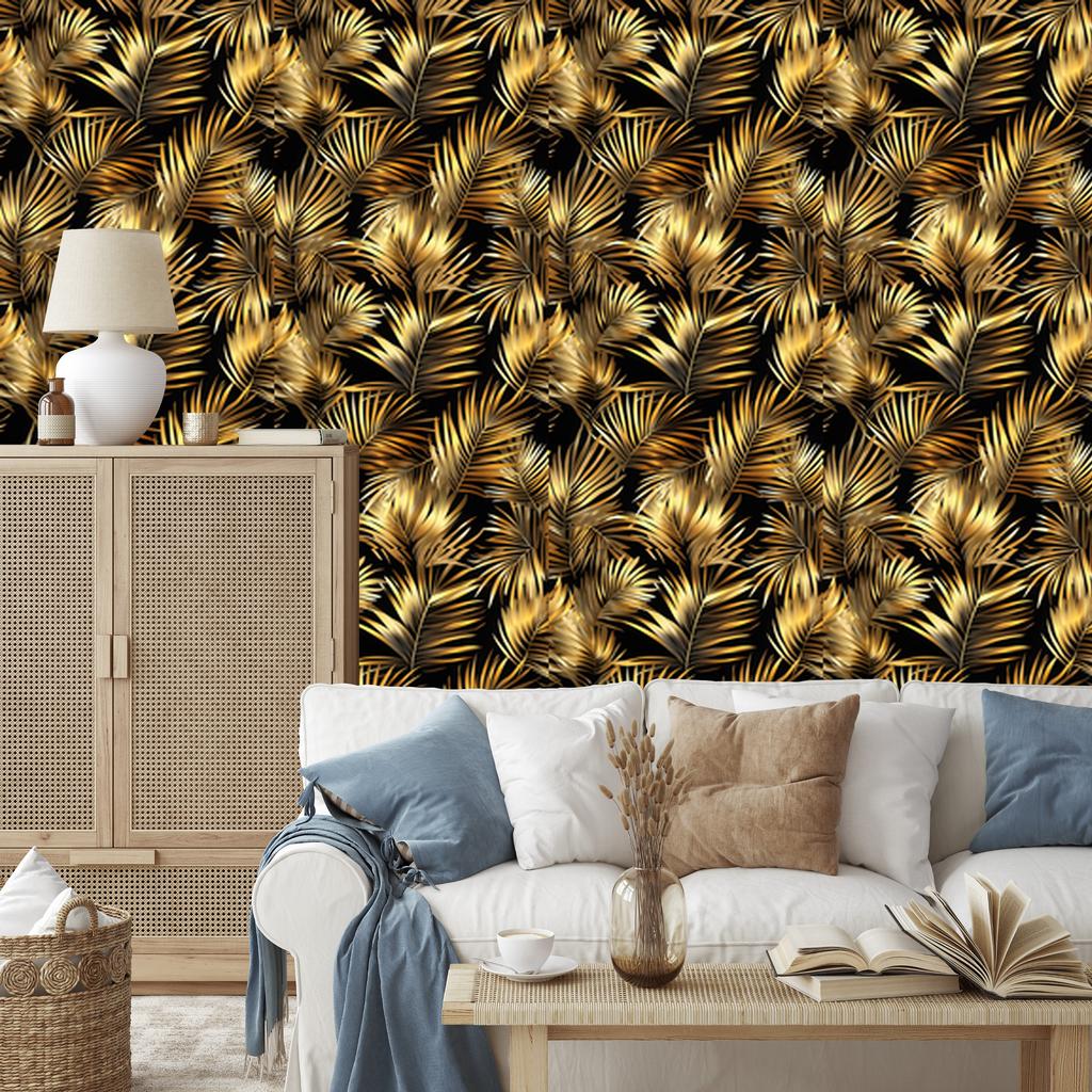Flowers and Leaves Wallpaper Ochre and Gold for Living Room and Bedroom 50x1000