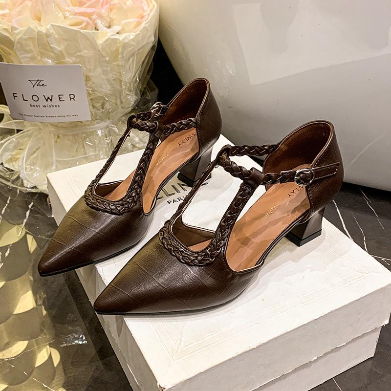 French small leather shoes pointed one-word buckle hollow fashion shoes 2025 summer new fairy style versatile high heels