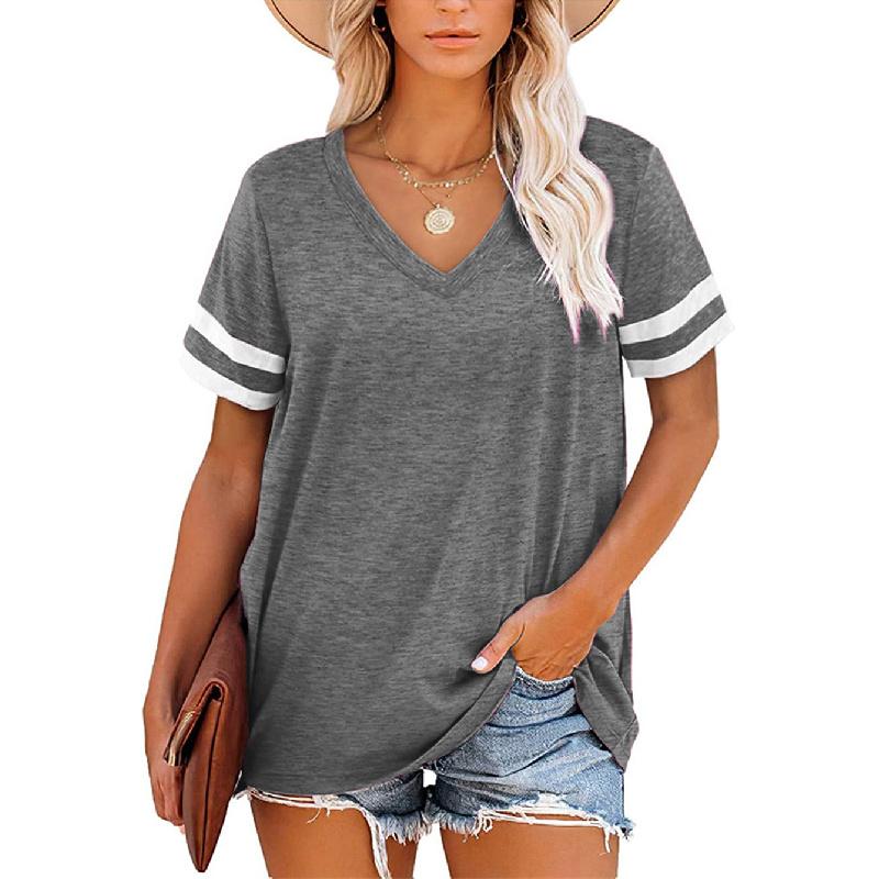 Women's 2026 Summer New V-neck Short-sleeve Color-block T-shirt Loose Casual Top