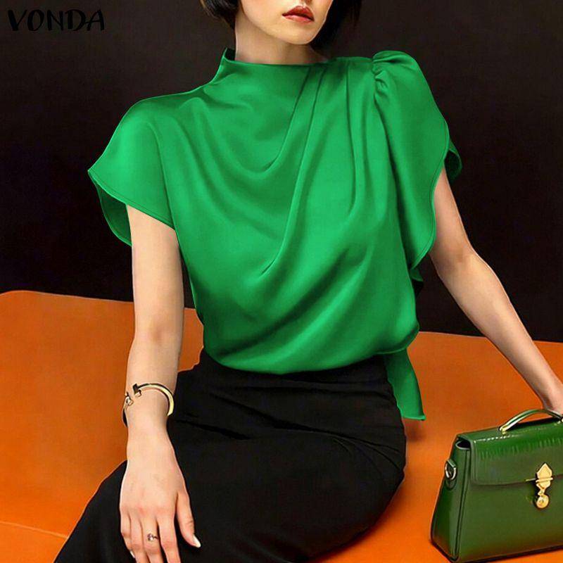 VONDA Women Elegant Short Sleeve Casual Twisted Satin Tops T-shirts