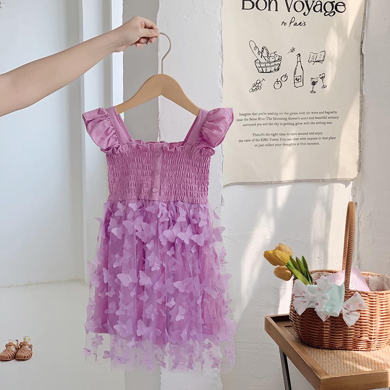 3D Butterfly Mesh Puff Sleeve Girls' Dress - 2025 Summer Smocked Waist Baby Princess Style