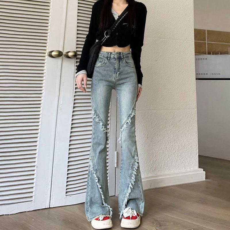 Women s High-Waisted Patchwork Flare Jeans - Retro American Style, Petite Fit, Raw Hem, Straight Leg Horseshoe Design XL