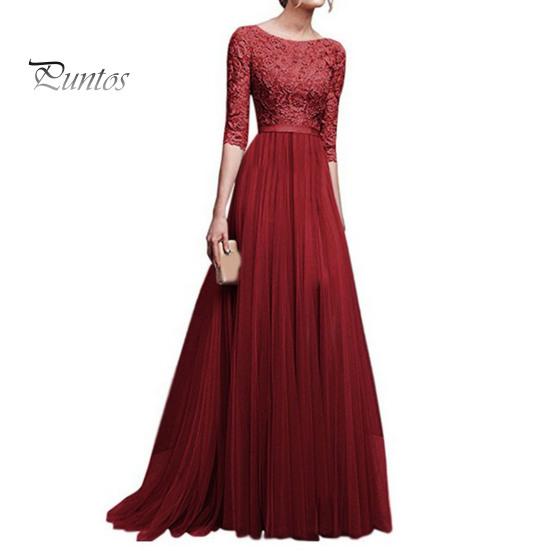 Autumn Evening Dress Women Prom Party Round Neck Lace Flower Embroidery Half Sleeve Tight Winter Gown Waist Patchwork Floor Length Pleated Lady