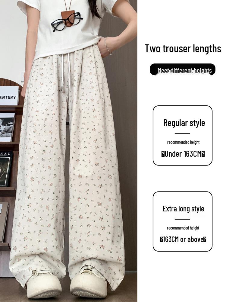 Korean Floral Wide-Leg High-Waist Drawstring Pants for Women - Spring/Summer