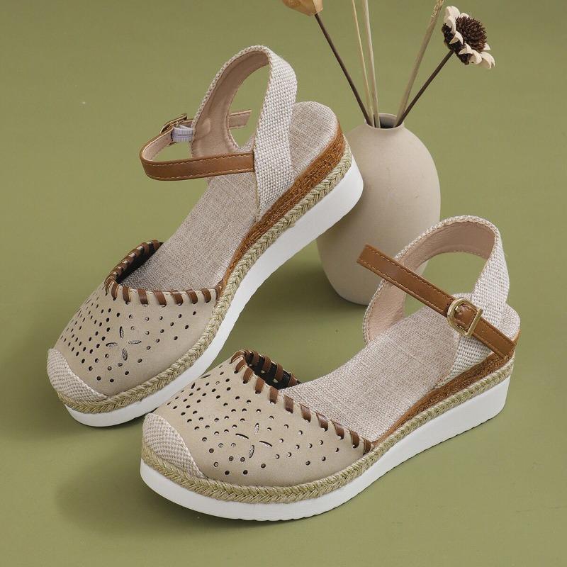 French Hemp Rope Thick Soled Toe Sandals for Women, Oversized Casual Wedge Heel Buckle, Foreign Trade Cross-border Women's Shoes