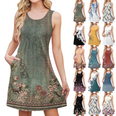 Women's Stylish Casual Pocket Loose Floral Print Sleeveless Summer Beach Sundress