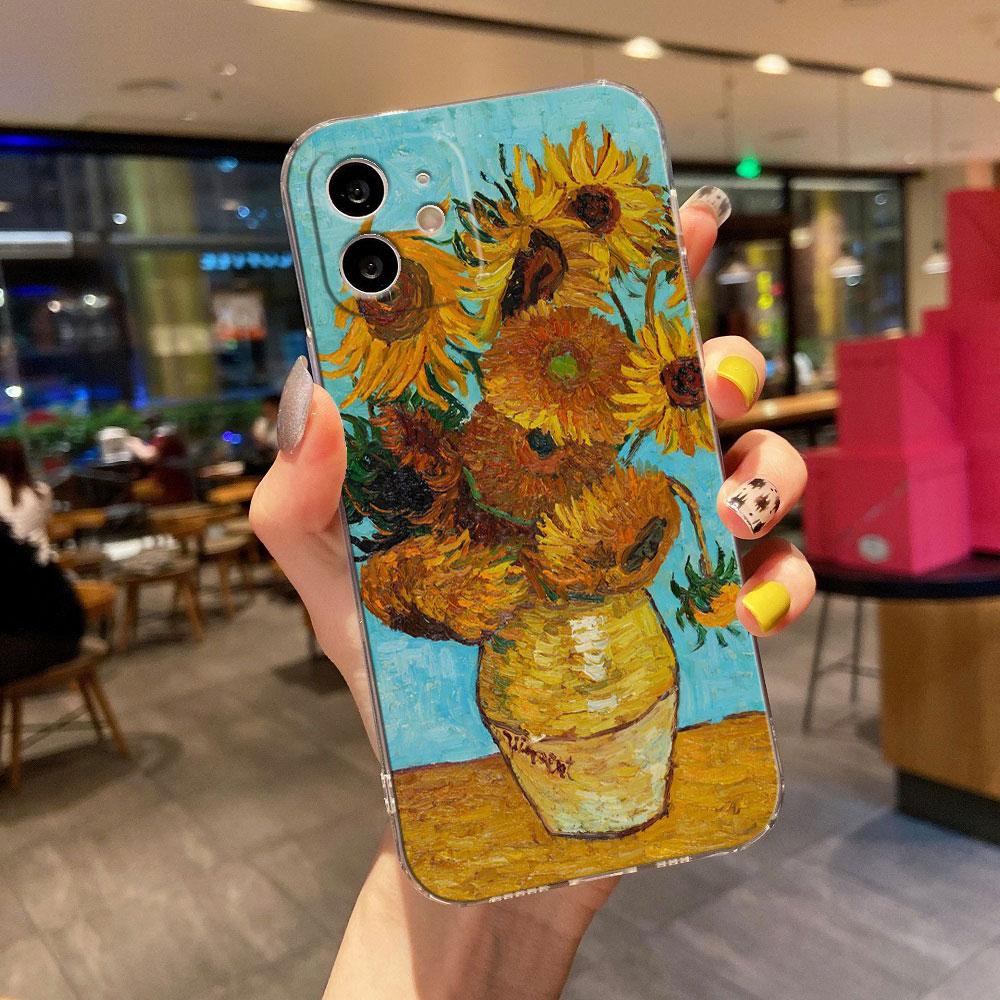 Van Gogh Painting Clear Phone Case For iPhone 15 14 11 12 13 Pro Max Mini XS XR 8 Plus Cover Cafe Terrace Starry Night Sunflower