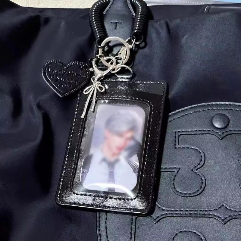 1 Piece Black Pu Leather Silver Cat Bow Pendant Photo Card Holder Keychain Student Campus Card Id Card Holder