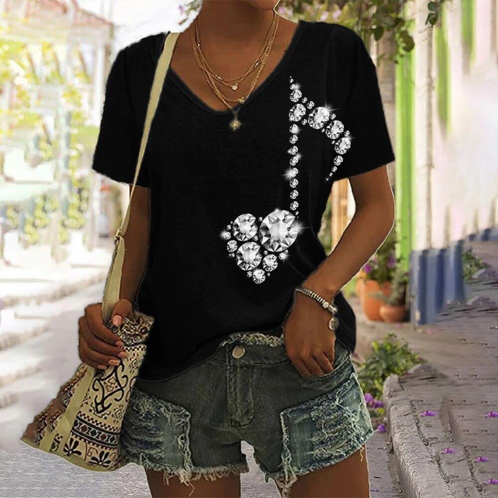 Music Notes 3d Printing Women's Casual Fashion Street Short-sleeved V-neck T-shirt