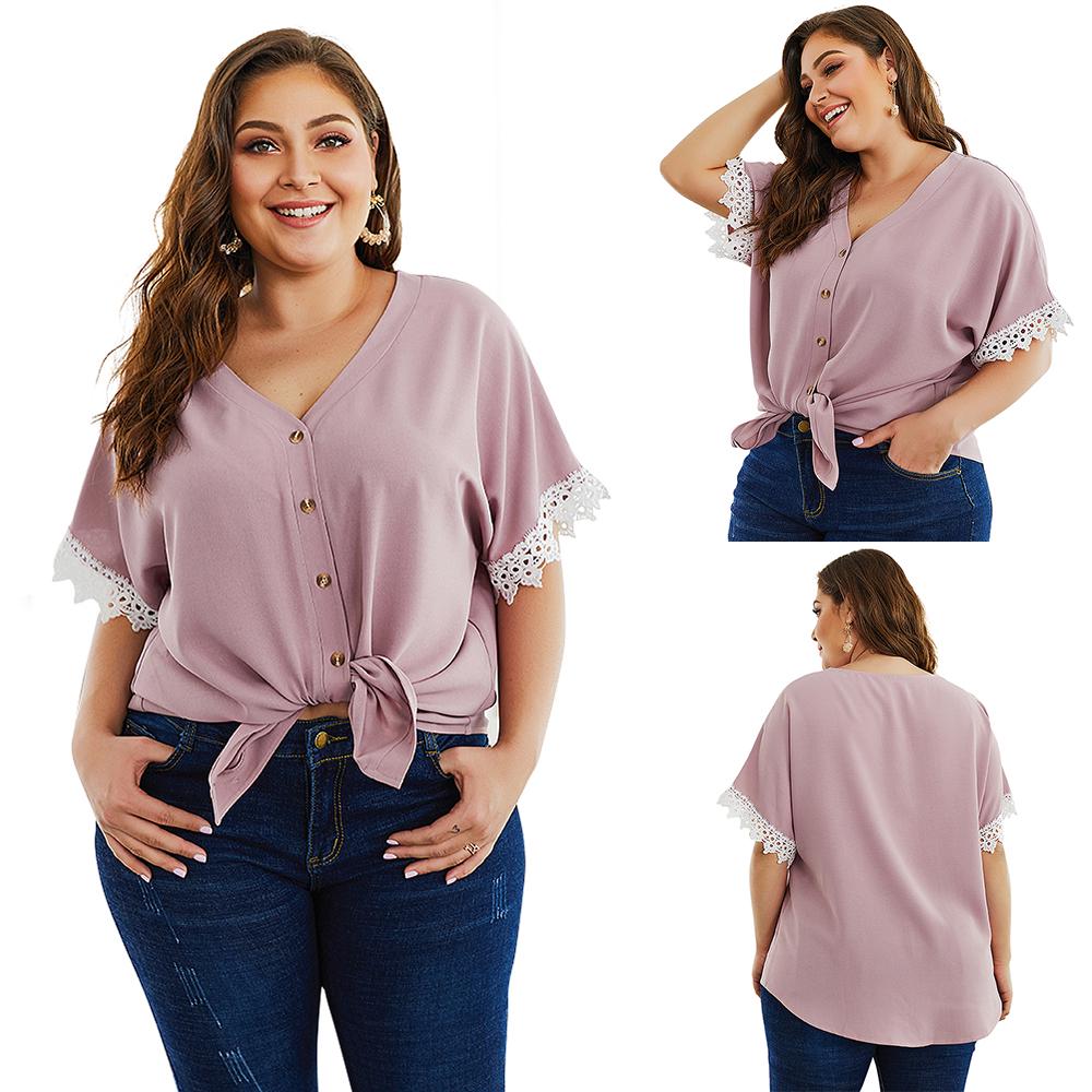 Womens Plus Size Short Sleeve V Neck Button T Shirt Ladies Loose Fit ...