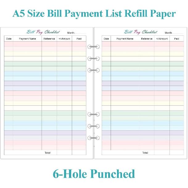 .com : Payment Checklist Refills - 50 Sheets/100 Pages Colorful Monthly Budget Forms for A5 Binder, 6 Hole Punched, 100 gsm White Paper, 5.8" x 8.3"
