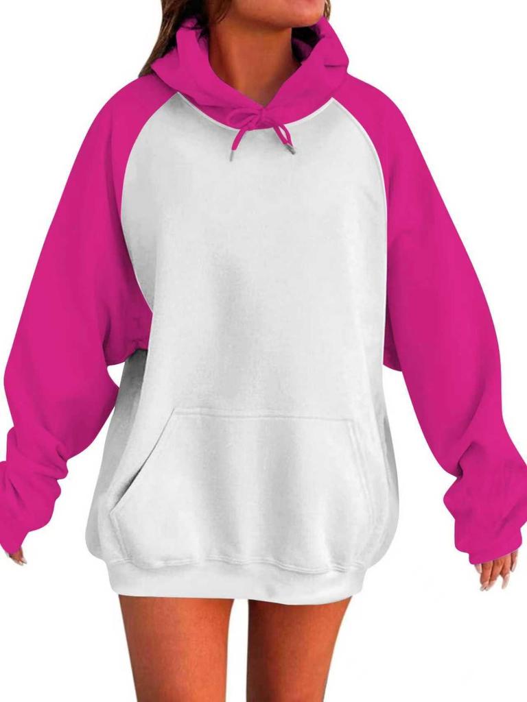 2025 European American Raglan Sleeve Hoodie - Long Sleeve, Spring/Autumn, Color Block, Loose Fit