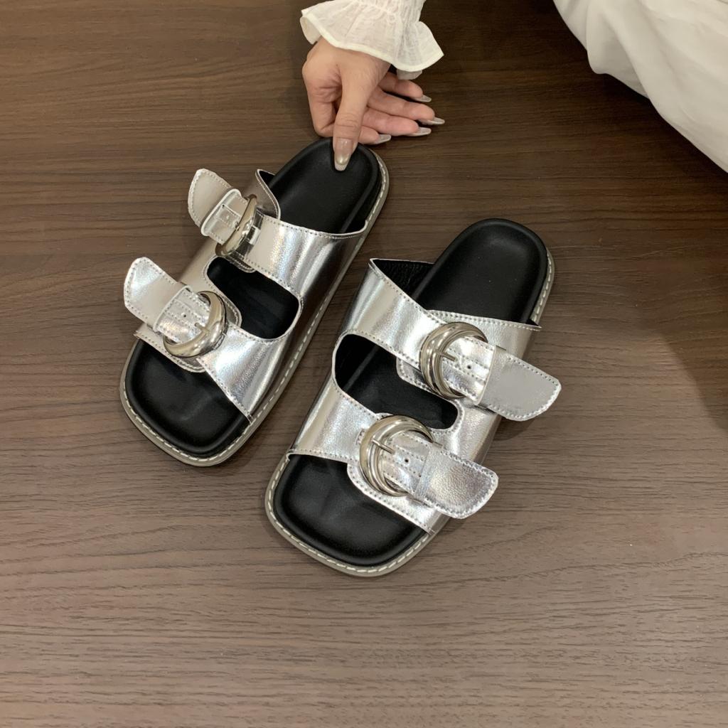 French casual belt buckle thick-soled cloth-covered cool slippers summer retro outer wear open-toed flat-bottomed casual one-word slippers