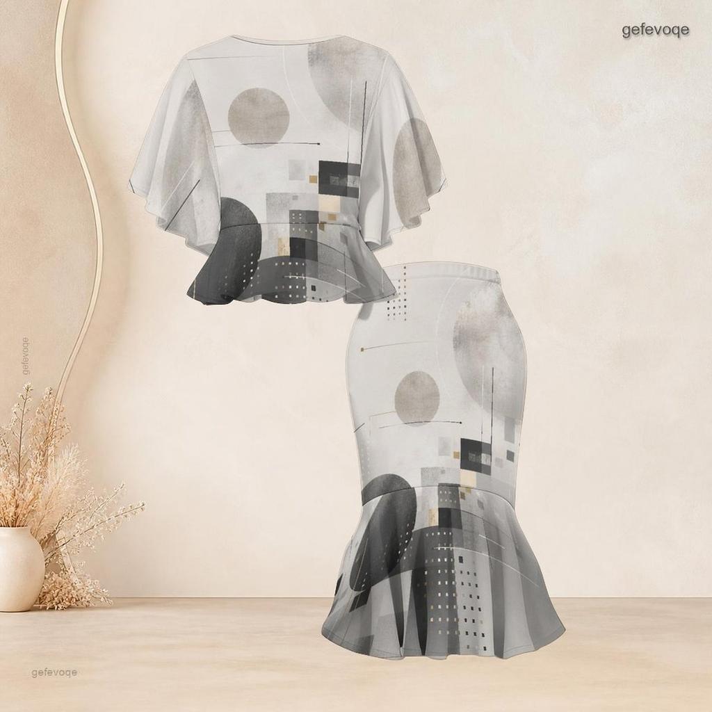 Women Plus Size Printed Two Piece Skirt Set Round Neck Batwing Sleeve Ruffle Hem Top Fishtail Skirt Black Grey Gold