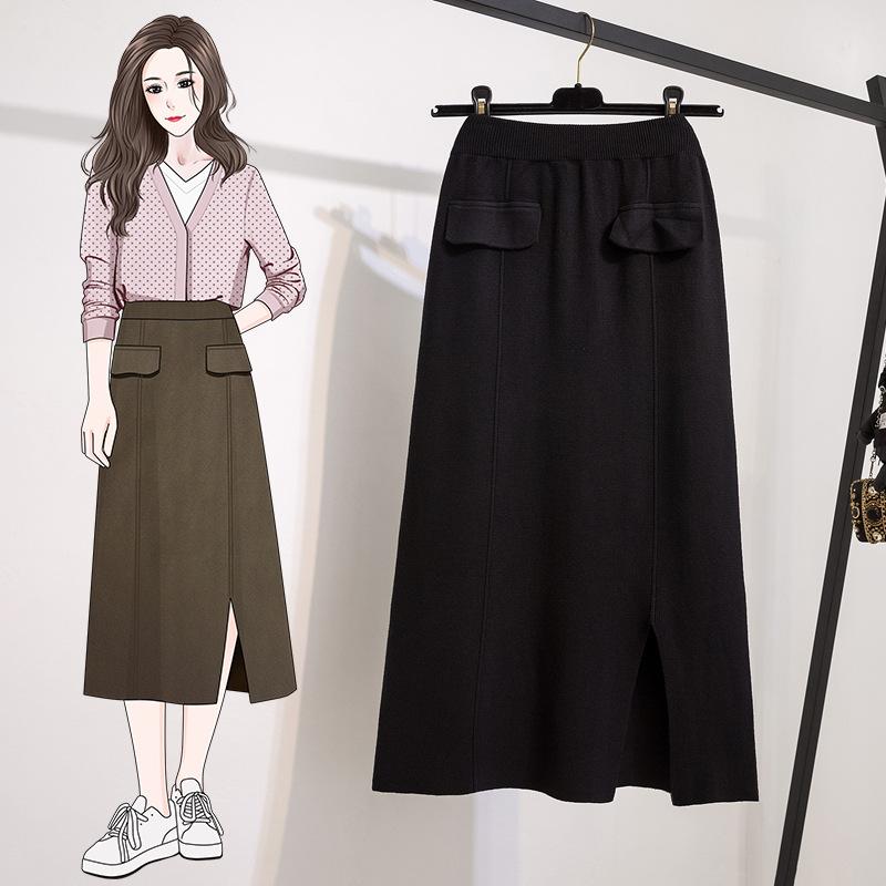 Designový rozparek Elastický pas Pletená sukně pro ženy V zimě Velká velikost Tlustá Mm Vysoký pas Zeštíhlující Rovná Midi sukně