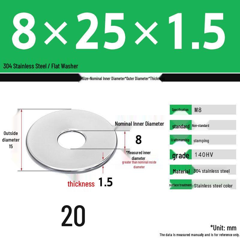 304 Stainless Steel Thickened Flat Washer Set, Sizes 2-36