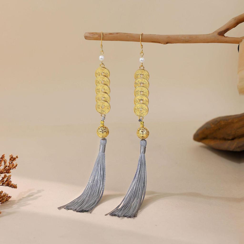 Chinese Style Five Emperors Coin Tassel Earrings for Women - Palace-Inspired Luxury Fashion Ear Hooks