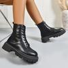 Women's Fashion Black Platform Ankle Boots Round Toe Lace Up Non Slip Combat Boots Woman Autumn Winter PU Leather Botines Mujer