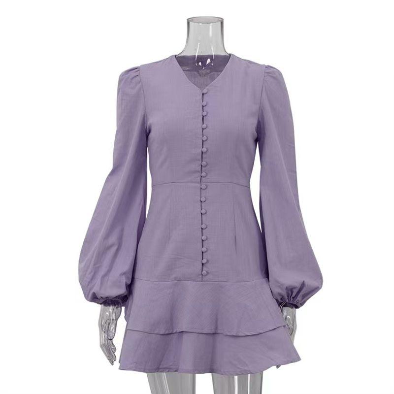 

Fashion Style V Neck Long-Sleeved Purple Dress New Arrival Single-Breasted Temperament High Waist A- line Skirt V-neck Dress Purple L